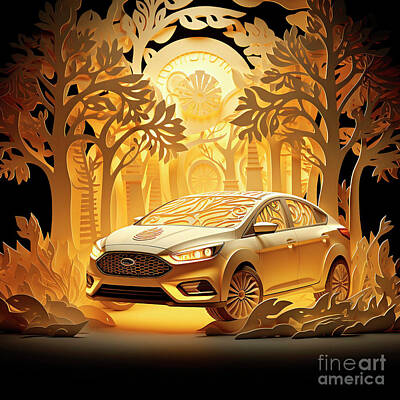Transportation Drawings - Chinese papercut style 060 Ford Focus car by Clark Leffler