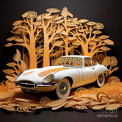 Transportation Drawings - Chinese papercut style 078 Jaguar E-Type car by Clark Leffler