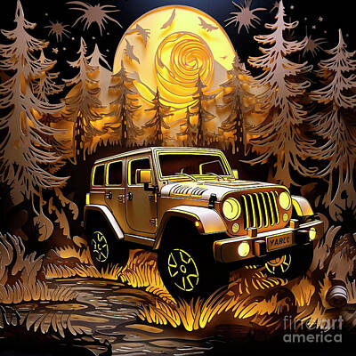 Transportation Drawings - Chinese papercut style 083 Jeep Wrangler car by Clark Leffler