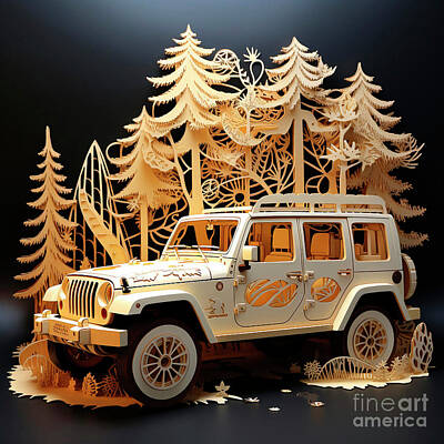 Transportation Drawings - Chinese papercut style 084 Jeep Wrangler car by Clark Leffler