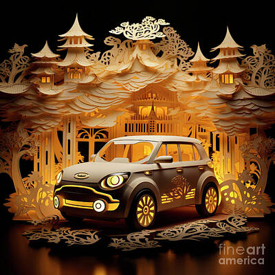 Transportation Drawings - Chinese papercut style 088 Kia Soul car by Clark Leffler