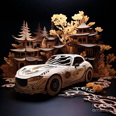 Transportation Drawings - Chinese papercut style 101 Mazda MX-5 Miata car by Clark Leffler