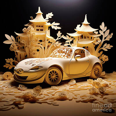 Transportation Drawings - Chinese papercut style 102 Mazda MX-5 Miata car by Clark Leffler