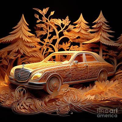 Transportation Drawings - Chinese papercut style 109 Mercedes-Benz S-Class car by Clark Leffler
