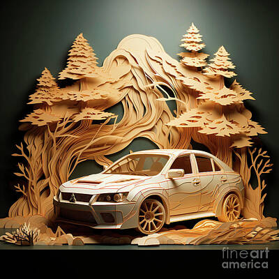 Transportation Drawings - Chinese papercut style 117 Mitsubishi Lancer Evolution car by Clark Leffler