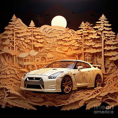 Transportation Drawings - Chinese papercut style 121 Nissan GT-R car by Clark Leffler