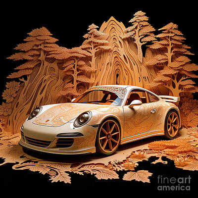 Drawings - Chinese papercut style 130 Porsche 911 car by Clark Leffler