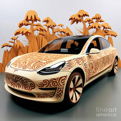 Drawings Rights Managed Images - Chinese papercut style 146 Tesla Model 3 car Royalty-Free Image by Clark Leffler