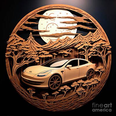 Drawings Rights Managed Images - Chinese papercut style 148 Tesla Model 3 car Royalty-Free Image by Clark Leffler