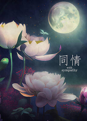 Lilies Digital Art - Chinese Sympathy Water Lilies and Moon by Doreen Erhardt