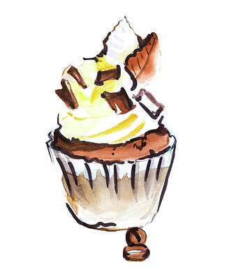 Food And Beverage Drawings - Chocolate birthday cupcake with chocolate bars. Food illustration. Watercolor by Maria Kray