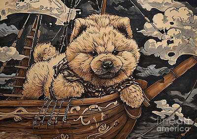 Animals Drawings - Chow Chow Corsair Tiny Terrier Triumphs on the Seas of Ink by Adrien Efren
