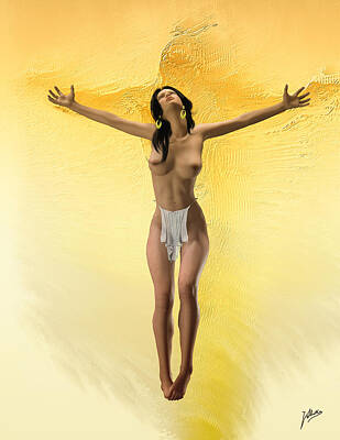 Nudes Digital Art - Christ woman yellow by Quim Abella