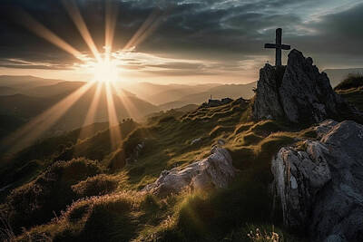Mountain Digital Art - Christian cross on top of the mountain with sunlight and sunrays by Dragos Nicolae Dragomirescu
