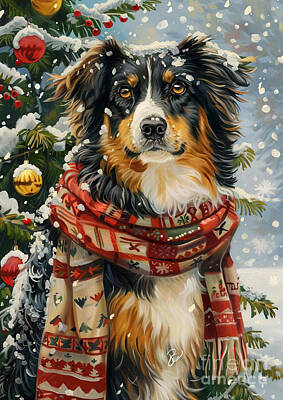 Drawings Royalty Free Images - Christmas Australian Shepherd Xmas animal holiday Merry Christmas Royalty-Free Image by Clint McLaughlin