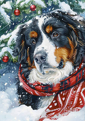 Mountain Drawings - Christmas Bernese Mountain Dog Xmas animal holiday Merry Christmas by Clint McLaughlin