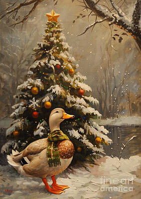 Birds Drawings Royalty Free Images - Christmas Duck Xmas animal holiday Merry Christmas Royalty-Free Image by Clint McLaughlin