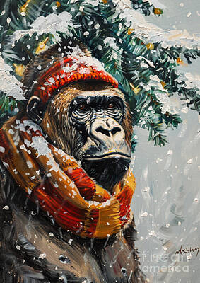 Mammals Drawings - Christmas Gorilla Xmas animal holiday Merry Christmas by Clint McLaughlin