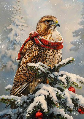 Birds Drawings Royalty Free Images - Christmas Hawk Xmas animal holiday Merry Christmas Royalty-Free Image by Clint McLaughlin