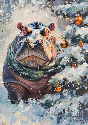 Mammals Drawings - Christmas Hippopotamus Xmas animal holiday Merry Christmas by Clint McLaughlin