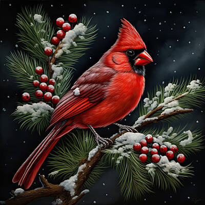 Birds Paintings - Christmas Holly by Lourry Legarde