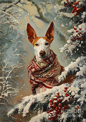 Drawings Rights Managed Images - Christmas Ibizan Hound Xmas animal holiday Merry Christmas Royalty-Free Image by Clint McLaughlin