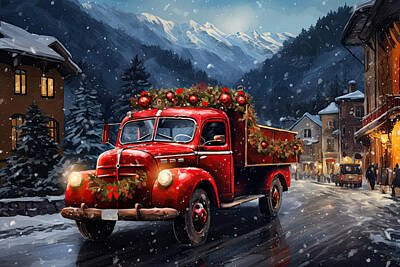 City Scenes Paintings - Christmas in Berlin with the Iconic Red Truck by Lourry Legarde