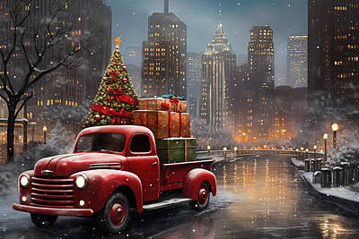 City Scenes Paintings - Christmas in Chicago - A Red Truck by the River by Lourry Legarde