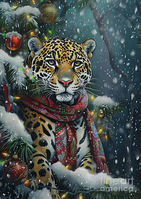 Animals Drawings - Christmas Jaguar Xmas animal holiday Merry Christmas by Clint McLaughlin