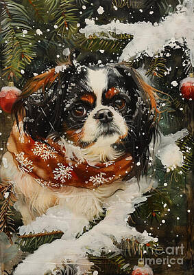 Drawings Rights Managed Images - Christmas Japanese Spaniel Xmas animal holiday Merry Christmas Royalty-Free Image by Clint McLaughlin
