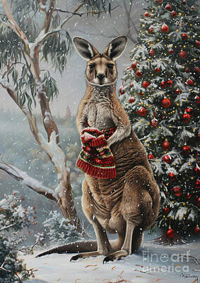Drawings Rights Managed Images - Christmas Kangaroo Xmas animal holiday Merry Christmas Royalty-Free Image by Clint McLaughlin