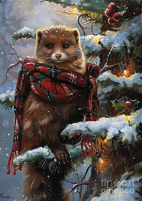Animals Drawings - Christmas Mink Xmas animal holiday Merry Christmas by Clint McLaughlin