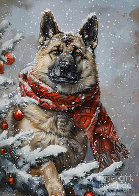 Animals Drawings - Christmas Norwegian Elkhound Xmas animal holiday Merry Christmas by Clint McLaughlin