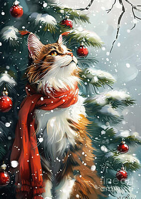 Animals Drawings - Christmas Norwegian Forest Cat Xmas animal holiday Merry Christmas by Clint McLaughlin