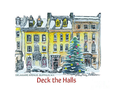 City Scenes Drawings - Christmas in the City Row Houses and Christmas Tree by Mary Kunz Goldman