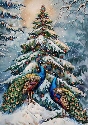 Drawings Royalty Free Images - Christmas Peafowl Peacock and Peahen Xmas animal holiday Merry Christmas Royalty-Free Image by Clint McLaughlin