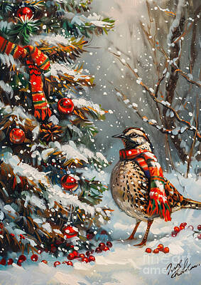 Birds Drawings Royalty Free Images - Christmas Quail Xmas animal holiday Merry Christmas Royalty-Free Image by Clint McLaughlin