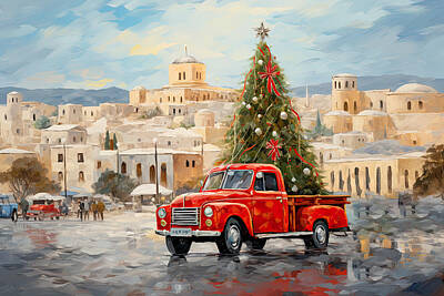 Cities Paintings - Christmas Red Truck at the Acropolis by Lourry Legarde