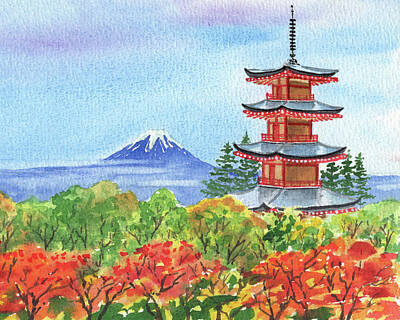 Mountain Paintings - Chureito Pagoda With The View Of Mountain Fuji Watercolor  by Irina Sztukowski