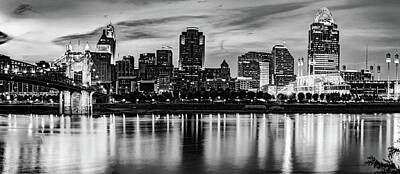 Baseball Photos - Cincinnati City Skyline Panorama Over The Ohio River - Black and White by Gregory Ballos