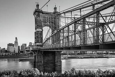 Royalty-Free and Rights-Managed Images - Cincinnati Ohio and Roebling Bridge Skyline at Sunrise in Black and White by Gregory Ballos