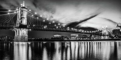 Football Royalty-Free and Rights-Managed Images - Cincinnati Ohio Roebling Bridge Panorama - Black and White by Gregory Ballos