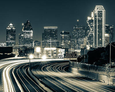 Skylines Photos - City of Dallas At Night in Sepia by Gregory Ballos