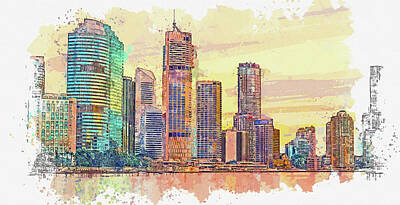 Farm Life Paintings Rob Moline - City Skyline of Brisbane in watercolor ca 2021 by Ahmet Asar by Celestial Images