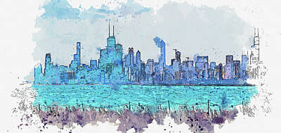 The Who Royalty Free Images - City Skyline of Chicago 15, watercolor travel poster, by Ahmet Asar Royalty-Free Image by Celestial Images