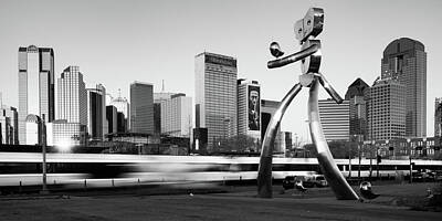 Skylines Photos - City Skyline of Dallas Texas and Traveling Man Walking Tall - Black and White by Gregory Ballos