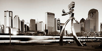 Skylines Photos - City Skyline of Dallas Texas and Traveling Man Walking Tall - Sepia by Gregory Ballos