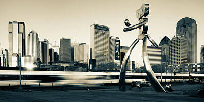 Skylines Royalty-Free and Rights-Managed Images - City Skyline of Dallas Texas and Traveling Man Walking Tall - Sepia Monochrome by Gregory Ballos