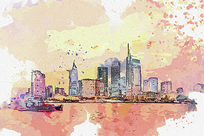 Movies Star Paintings - City Skyline of Saigon in watercolor ca 2021 by Ahmet Asar by Celestial Images