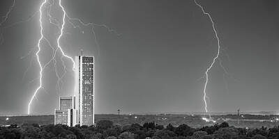 Royalty-Free and Rights-Managed Images - CityPlex Towers Storm - Tulsa Oklahoma Monochrome Panorama by Gregory Ballos